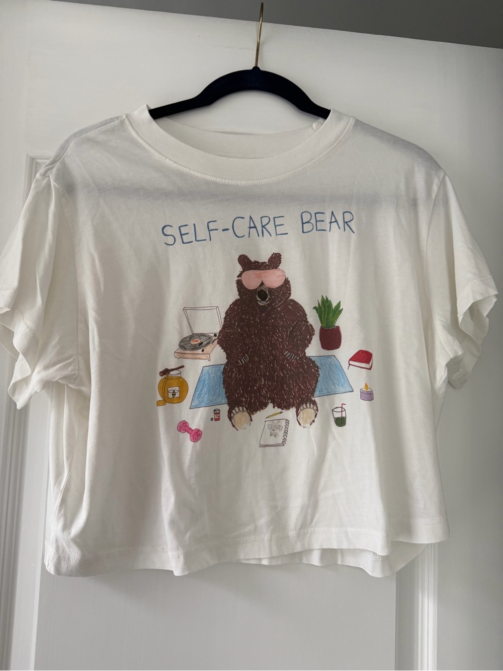NWT Unfortunate Portrait Self-Care Bear Graphic Tee White Cropped S Rare - Picture 2 of 5